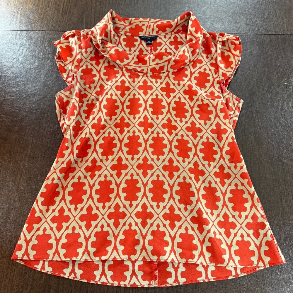 Banana Republic Orange Tan Cowl Neck Cap Sleeve Patterned Women's Top Sz PM